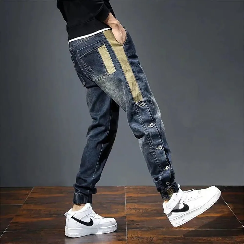 Urban Edge: Men's Loose Fit Baggy Moto Jeans with Fashion Pockets - Retro Streetwear Harem Pants for Relaxed and Tapered Style