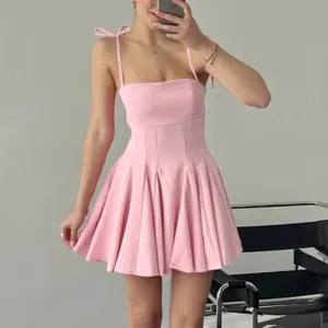 YESMYTOOL  -   Folds Mini Suspender Dress For Women Lace Up Sleeveless Birthday Club Party Dress Solid Patchwork Female Elegant Summer